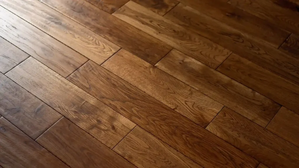Rich brown solid wood herringbone flooring close-up