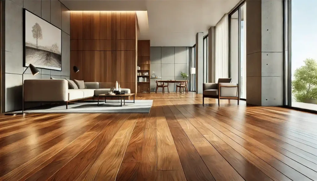 Wide plank hardwood flooring in luxury modern apartment